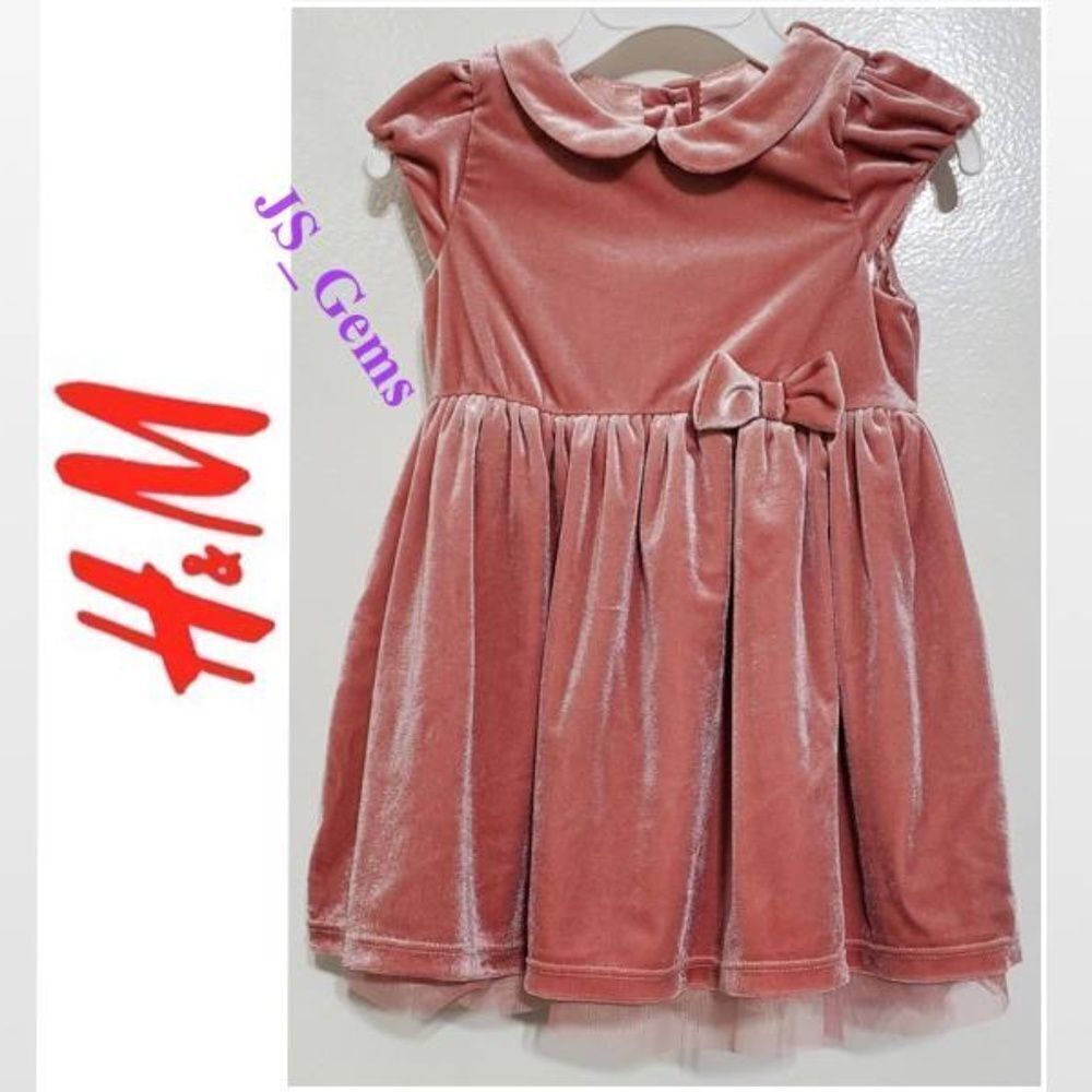 H&M Dress Kid 12-18M Toddler Girls Pink Velvet Pleated Bow Tulle Child Short Sle